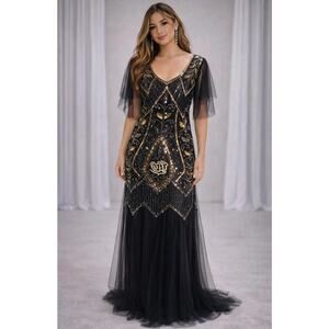 Vtg Masquerade Ball Sequin Beaded Gatsby Gown Maxi Dress XL Tulle Flutter Sleeve